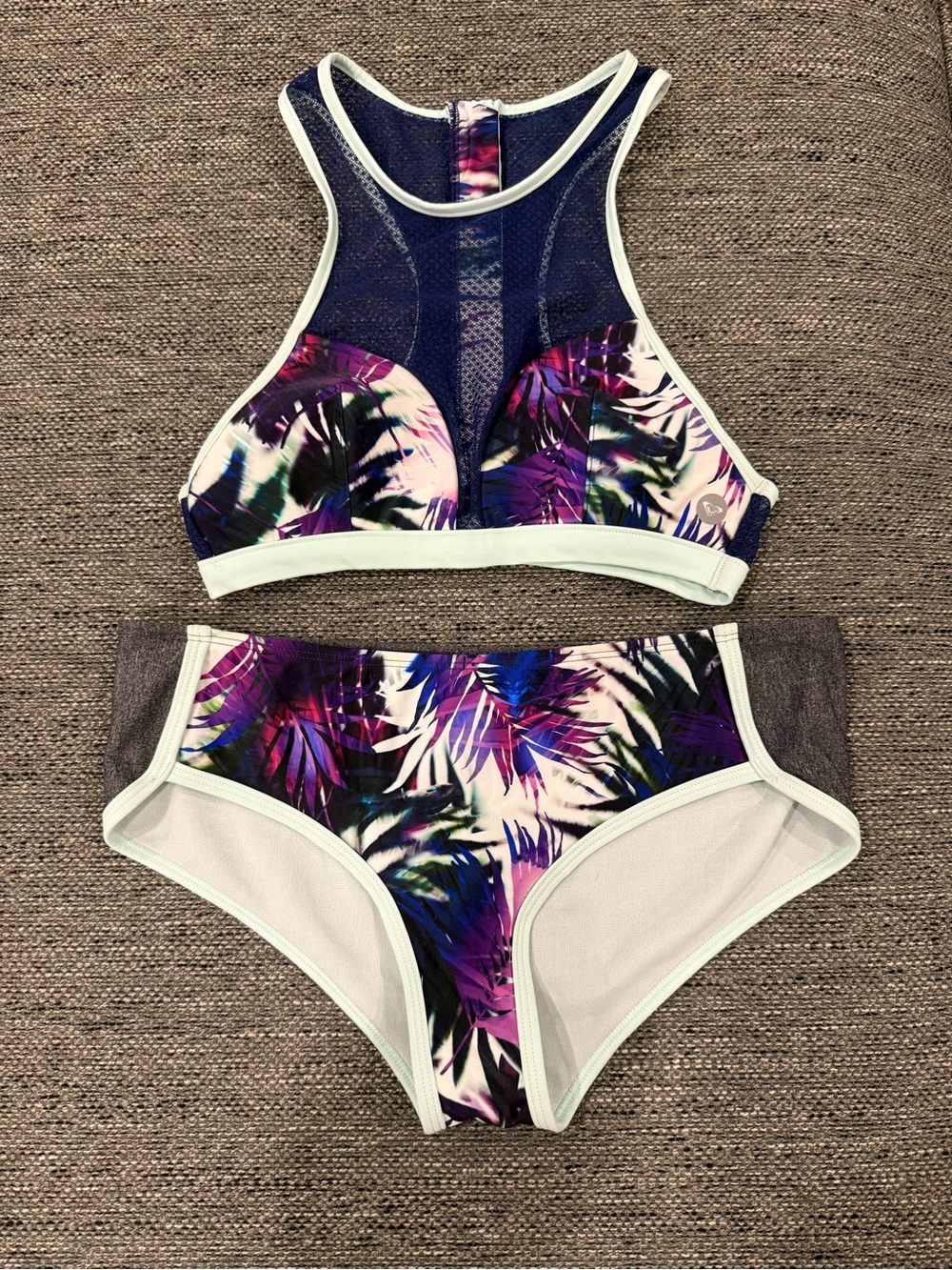 Roxy Navy, Purple & Blue High-Neck Tropical Bikini Set